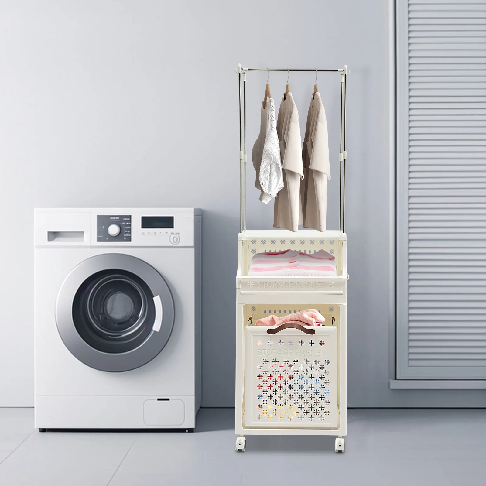 White PP Steel 30x40x135cm 3-layer Separated Laundry Basket Hanger Pulley Storage Rack Multifunctional Storage Basket
White PP Steel 30x40x135cm 3-layer Separated Laundry Basket Hanger Pulley Storage Rack Multifunctional Storage Basket