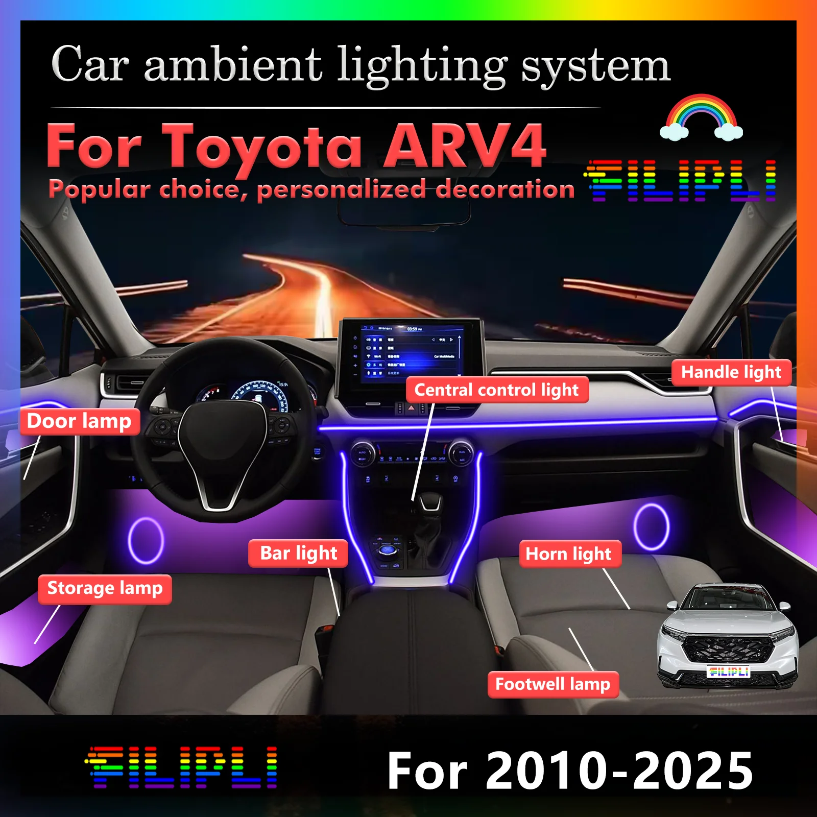 For Toyota ARV4 Car Interior Decorative Lighting Set RGB 64 Colors LED Energy Saving Smart Control
For Toyota ARV4 Car Interior Decorative Lighting Set RGB 64 Colors LED Energy Saving Smart Control