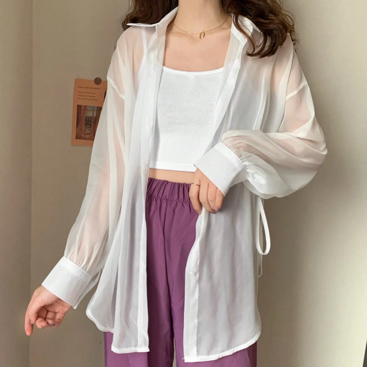 Korean Chic Summer French Design Long-Sleeved Sun Protection Lace-Up Shirt Slightly See-Through Thin Ice Silk Chiffon Shirt for Women
Korean Chic Summer French Design Long-Sleeved Sun Protection Lace-Up Shirt Slightly See-Through Thin Ice Silk Chiffon Shirt for Women