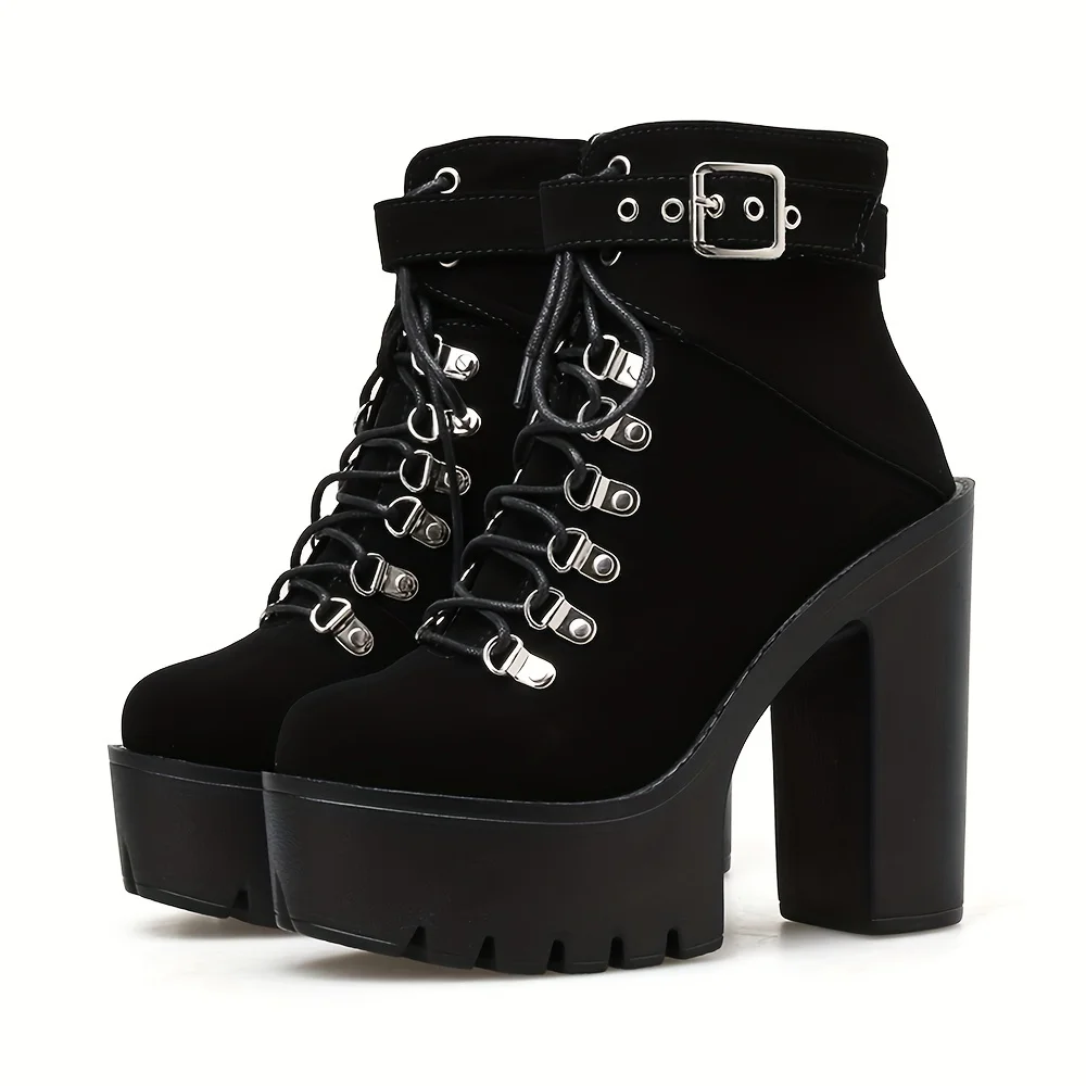 Women's Platform Block High Heels Ankle Boots Black Round Toe Lace Up Ankle Buckle Strap Pumps Motorcycle Short Boots
Women's Platform Block High Heels Ankle Boots Black Round Toe Lace Up Ankle Buckle Strap Pumps Motorcycle Short Boots