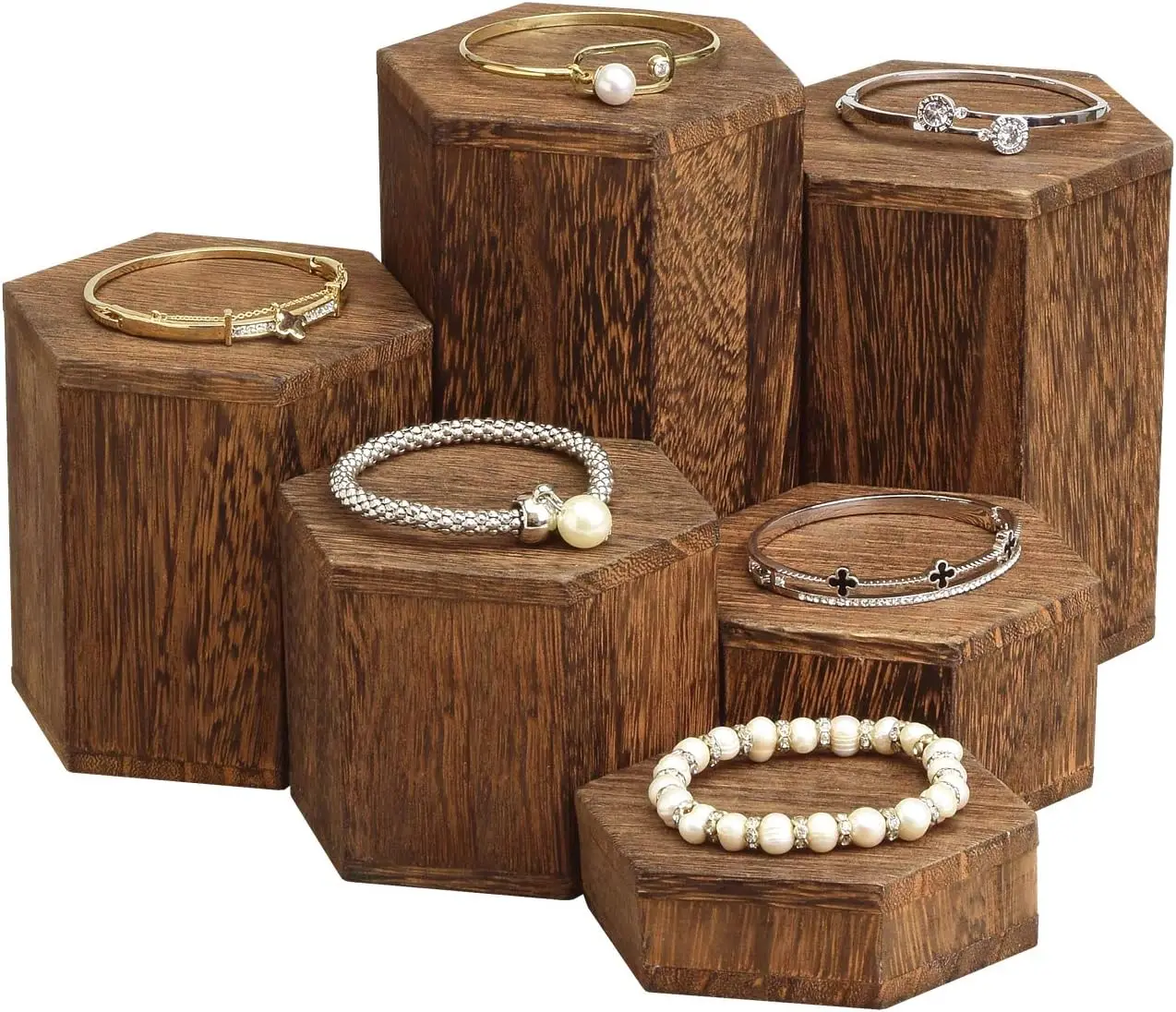 Wooden 6 Pcs Hexagon Risers for Display Jewelry and Accessories Stand, Brown
Wooden 6 Pcs Hexagon Risers for Display Jewelry and Accessories Stand, Brown