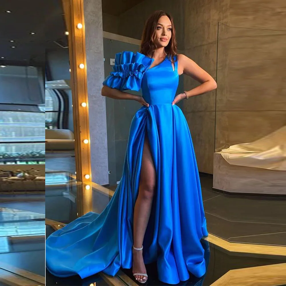 One Shoulder Satin Ruffles Formal Evening Dress A-line Backless Court Modest Bridesmaid Prom Gown with Side Slit Customzied
One Shoulder Satin Ruffles Formal Evening Dress A-line Backless Court Modest Bridesmaid Prom Gown with Side Slit Customzied