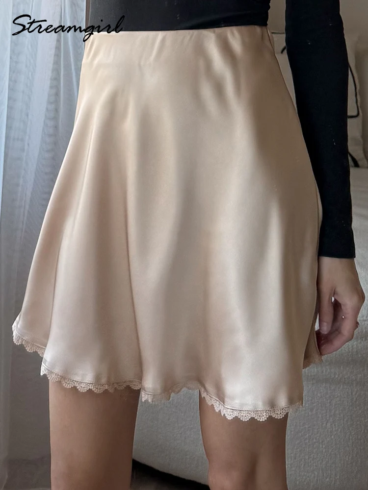 Streamgirl Satin Mini Skirt With Lace For Women Summer Elegant Black Satin A-Line Skirts Short For Woman Mini Silk Skirts Lace
Streamgirl Satin Mini Skirt With Lace For Women Summer Elegant Black Satin A-Line Skirts Short For Woman Mini Silk Skirts Lace