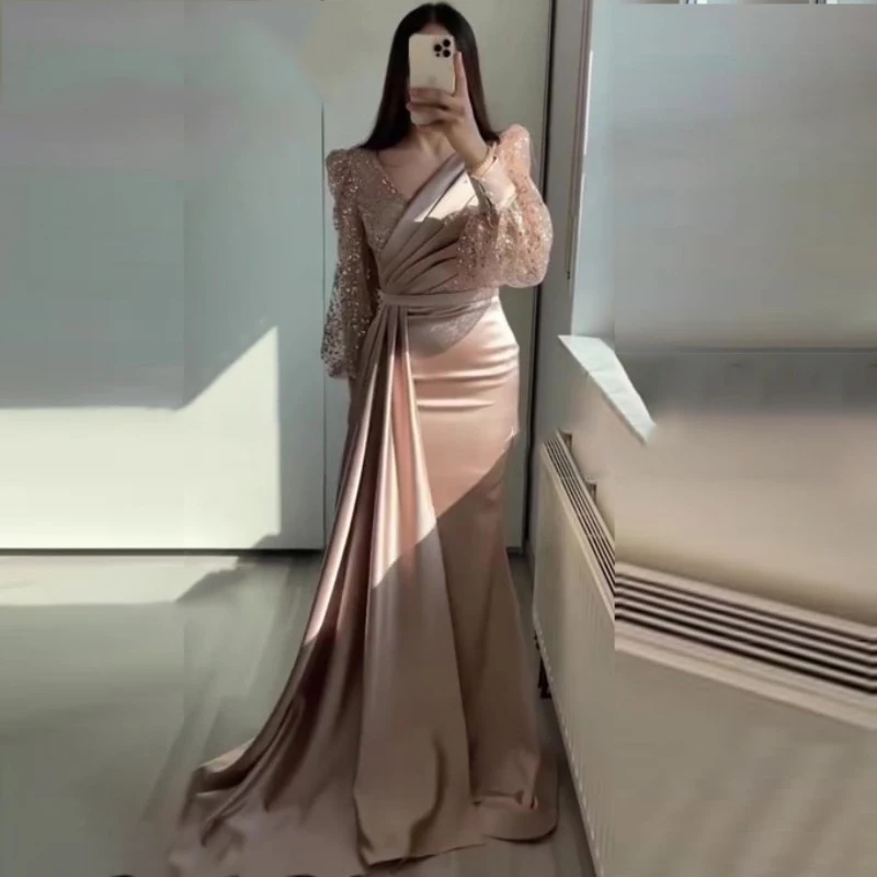 Saudi Arabia Prom Gowns Occasion Dresses Mermaid Satin V-Neck Party Vestidos Womens Elegant Glitter Long Sleeves Evening Dress
Saudi Arabia Prom Gowns Occasion Dresses Mermaid Satin V-Neck Party Vestidos Womens Elegant Glitter Long Sleeves Evening Dress