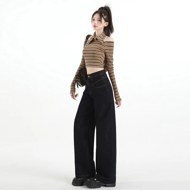 Denim-colored wide-leg jeans for women, new high-waisted, loose-fitting, slimming, dark blue, straight-leg, floor-length pants
Denim-colored wide-leg jeans for women, new high-waisted, loose-fitting, slimming, dark blue, straight-leg, floor-length pants
