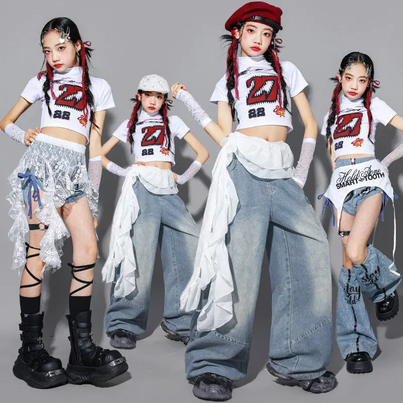 Children Jazz Dance Clothes Girl Kpop Stage Outfit White Crop Top Hip Hop Loose Jeans Performance Stage Costume Streetwear 3646
Children Jazz Dance Clothes Girl Kpop Stage Outfit White Crop Top Hip Hop Loose Jeans Performance Stage Costume Streetwear 3646