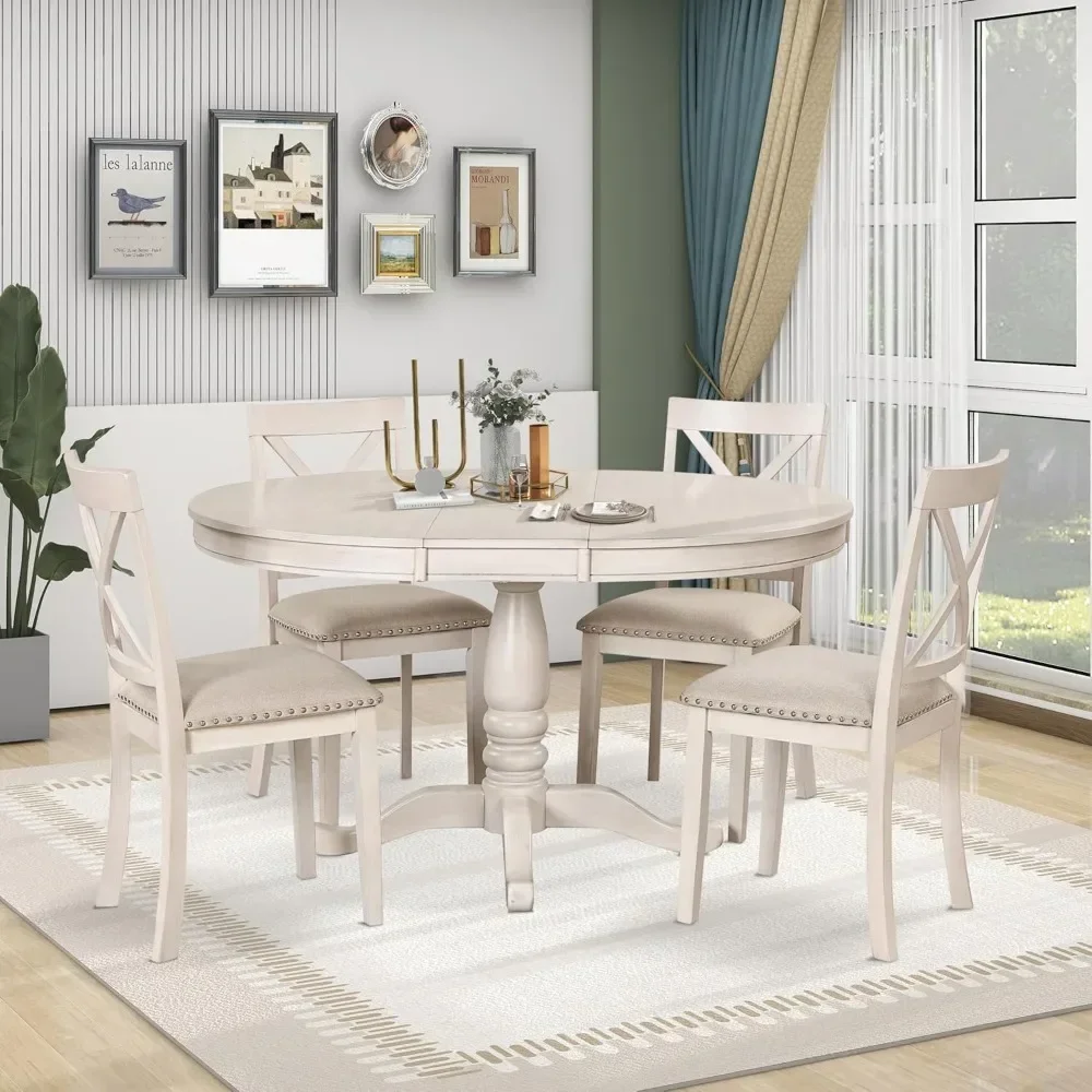 Dining Room Sets, Solid Wood Eextendable Kitchen Table and Chairs Set of 4-6 Persons Space 5 Piece Round Dining Room Table Set
Dining Room Sets, Solid Wood Eextendable Kitchen Table and Chairs Set of 4-6 Persons Space 5 Piece Round Dining Room Table Set