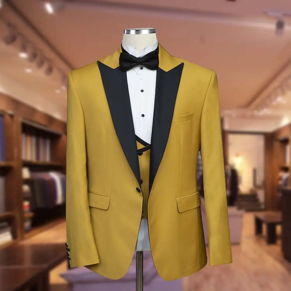 Chic Yellow Men's Suits Elegant Prom Party Full Sets One Button Black Peak Lapel Formal Blazer Luxury Designer Costume Homme
Chic Yellow Men's Suits Elegant Prom Party Full Sets One Button Black Peak Lapel Formal Blazer Luxury Designer Costume Homme