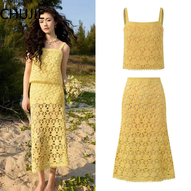 CHUJIE Women's Summer Dress Set 2025 New French Holiday Style Knitted Hook Flower Hollow Knitted Strap Top+Half Skirt Set
CHUJIE Women's Summer Dress Set 2025 New French Holiday Style Knitted Hook Flower Hollow Knitted Strap Top+Half Skirt Set