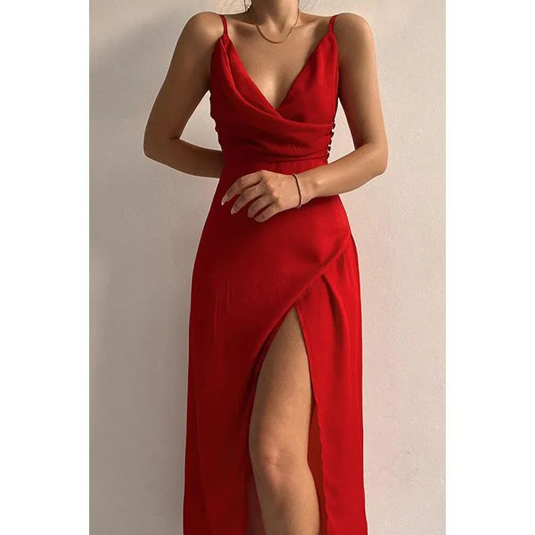Summer Women's Clothing Sexy V Neck Spaghetti Strap Slit Bodycon Long Dress For Woman Polyester Slim Fit Solid Color Midi
Summer Women's Clothing Sexy V Neck Spaghetti Strap Slit Bodycon Long Dress For Woman Polyester Slim Fit Solid Color Midi
