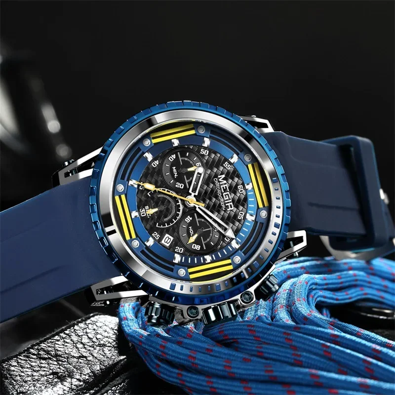 

MEGIR Watch Men Waterproof Chronograph Calendar Military Male Clock Blue Silicone Man Sport Wristwatch Мужские кварцевые часы