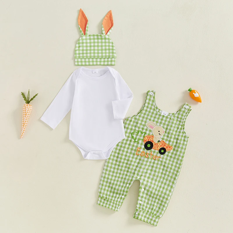Infant Baby Boy Easter Outfit Long Sleeve Romper Bunny Embroidery Plaid Overalls Rabbit Ears Hat 3 Piece Spring Clothes Set
Infant Baby Boy Easter Outfit Long Sleeve Romper Bunny Embroidery Plaid Overalls Rabbit Ears Hat 3 Piece Spring Clothes Set