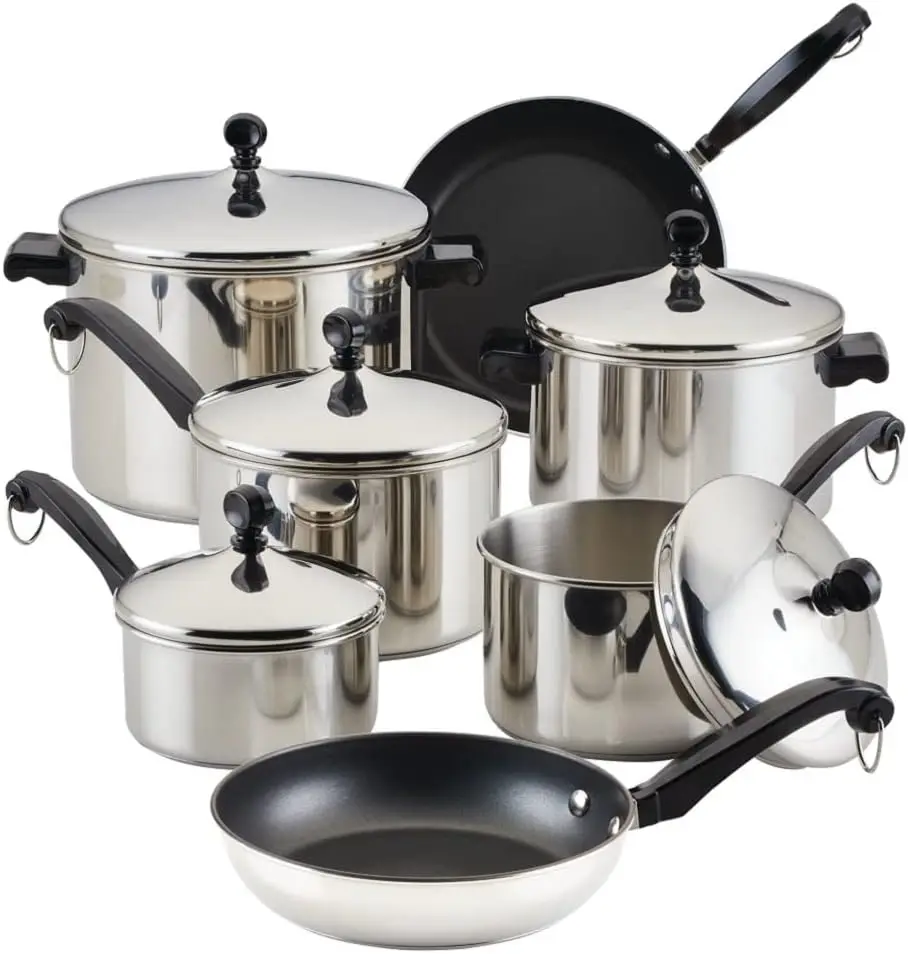 Farberware Classic Stainless Steel Cookware Pots and Pans Set, 15-Piece,50049,Silver
Farberware Classic Stainless Steel Cookware Pots and Pans Set, 15-Piece,50049,Silver
