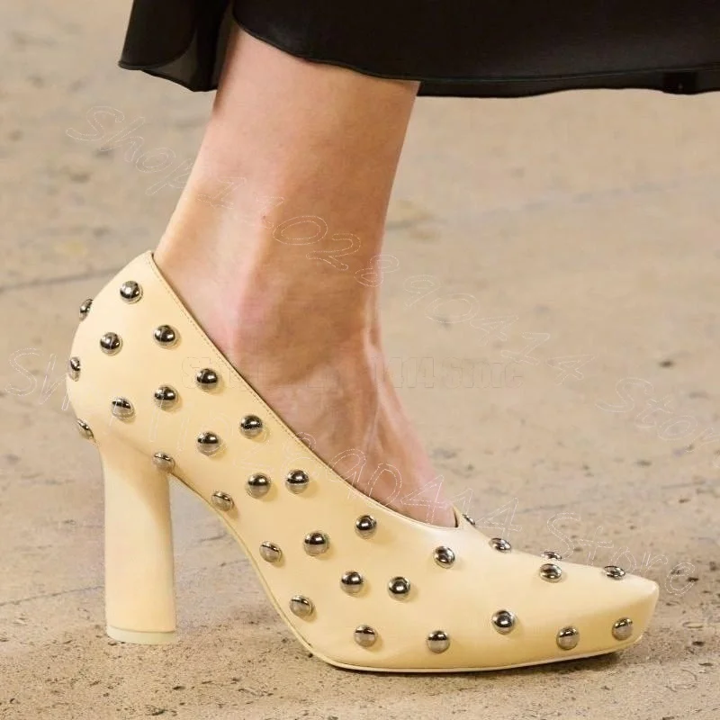 Silver Round Rivets Beige Pointed Toe Pumps Slip On Women Shoes Chunky High Heels Party Dating Runway 2025 Zapatos Para Mujere
Silver Round Rivets Beige Pointed Toe Pumps Slip On Women Shoes Chunky High Heels Party Dating Runway 2025 Zapatos Para Mujere