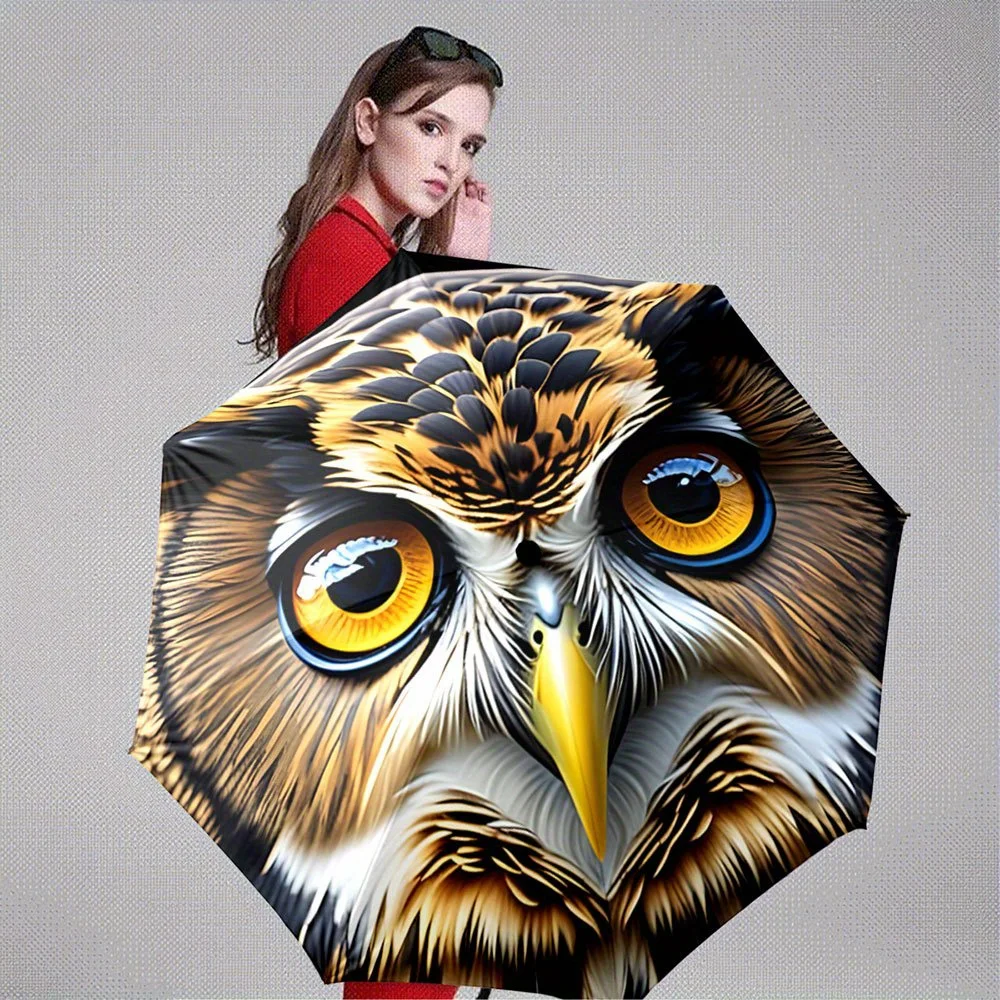 Folding Umbrella The umbrella features a striking illustration of an owl with intense yellow eyes and detailed brown and white
Folding Umbrella The umbrella features a striking illustration of an owl with intense yellow eyes and detailed brown and white
