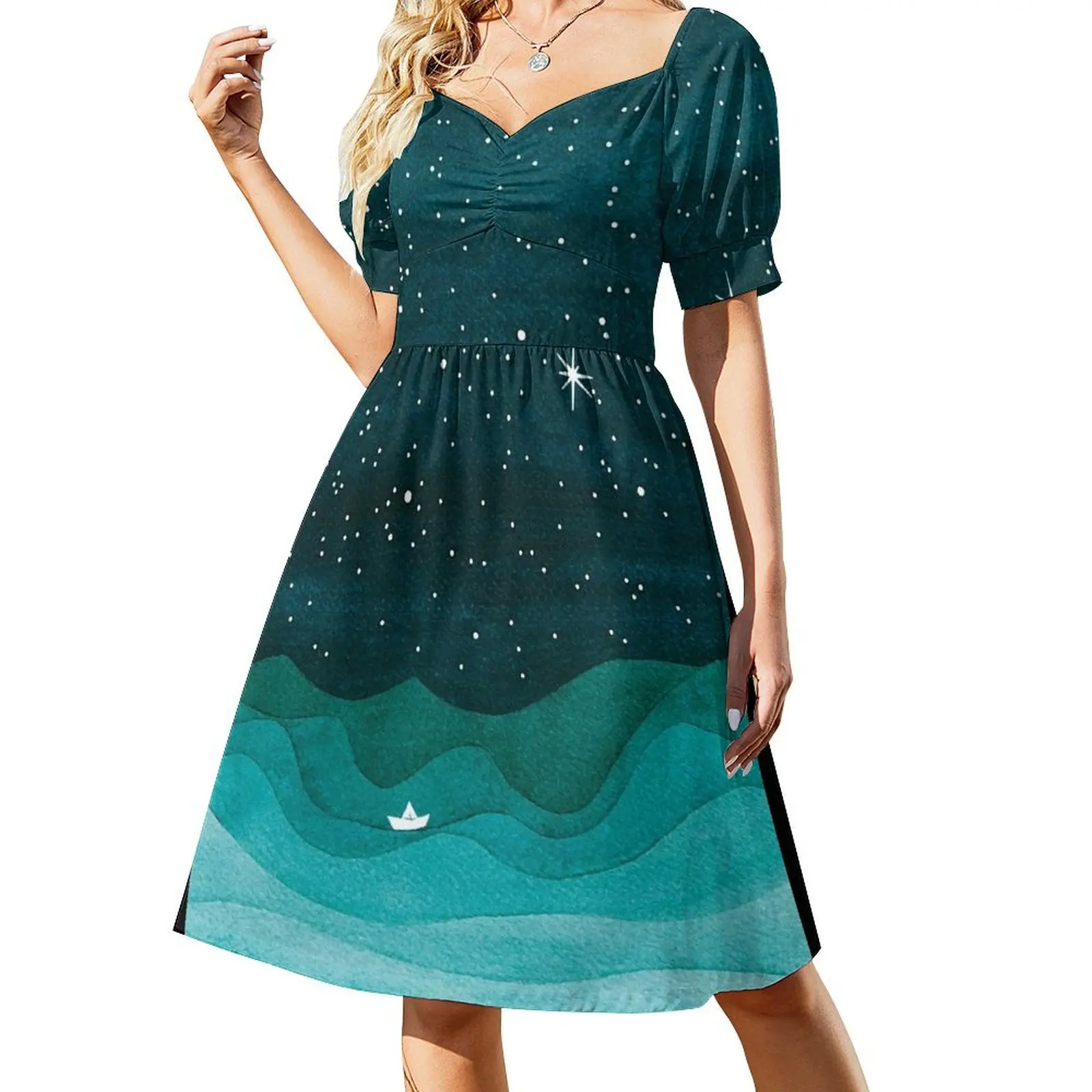 Starry Ocean, teal sailboat watercolor sea waves night Short Sleeved Dress womens dress Summer women's clothing Dress
Starry Ocean, teal sailboat watercolor sea waves night Short Sleeved Dress womens dress Summer women's clothing Dress