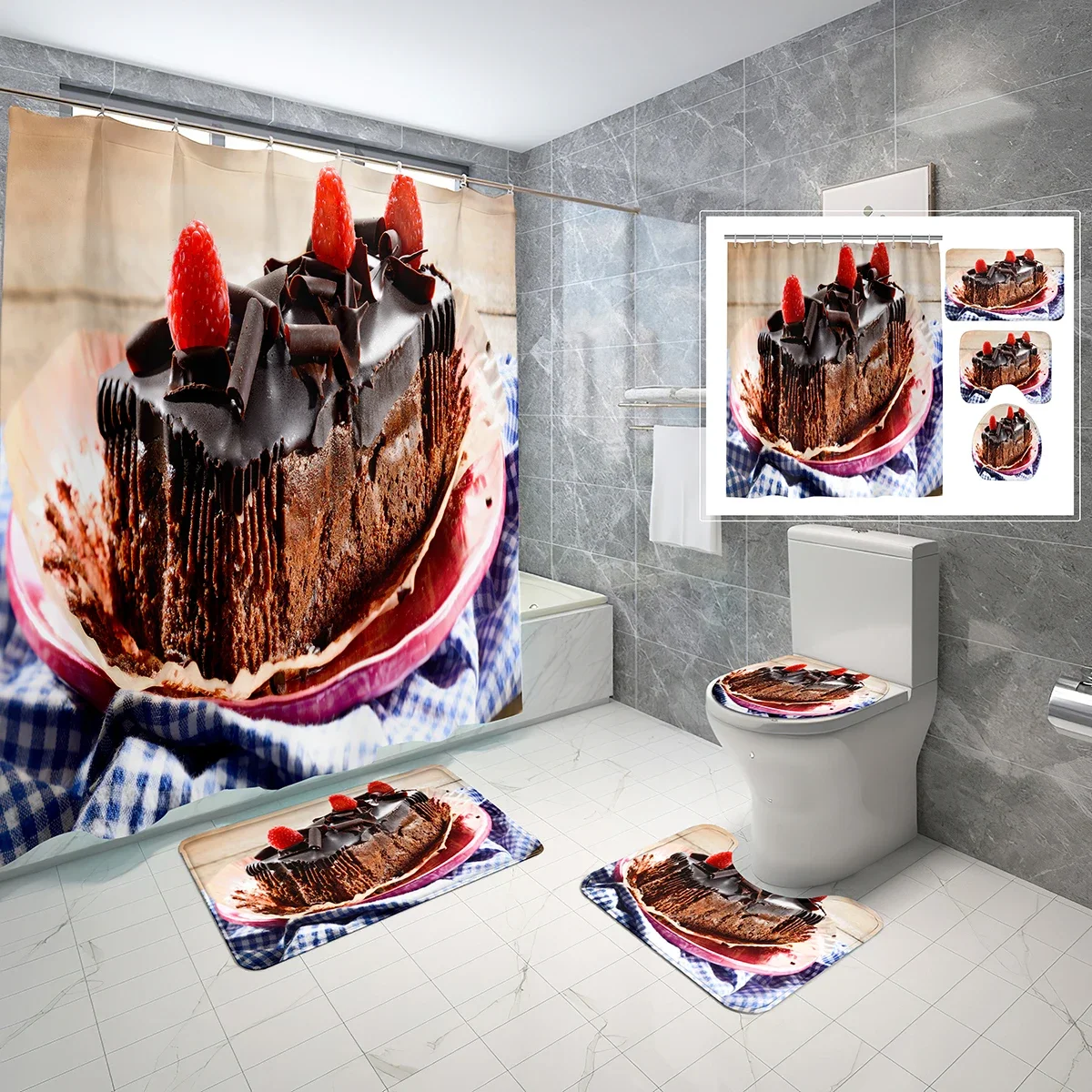 Chocolate Cake Shower Curtain 4 Pcs Sets with Toilet Lid Cover and Bath Mat Delicious Afternoon Snack Bath Curtain Bathroom Sets
Chocolate Cake Shower Curtain 4 Pcs Sets with Toilet Lid Cover and Bath Mat Delicious Afternoon Snack Bath Curtain Bathroom Sets