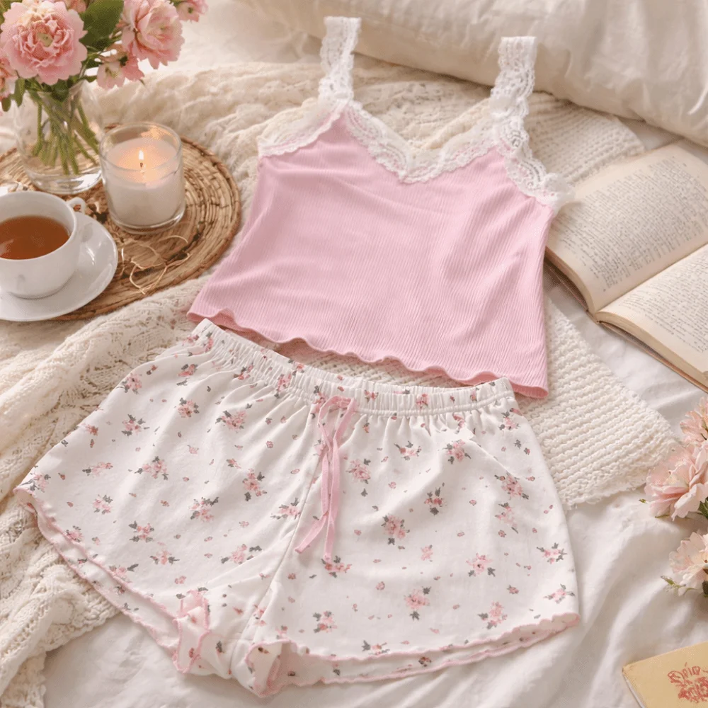 2 PCS Loungewear V-Neck 2Pieces Pajama Set Lace Flower Summer Camisole Shorts Sweet Patchwork Women Sleepwear Women
2 PCS Loungewear V-Neck 2Pieces Pajama Set Lace Flower Summer Camisole Shorts Sweet Patchwork Women Sleepwear Women