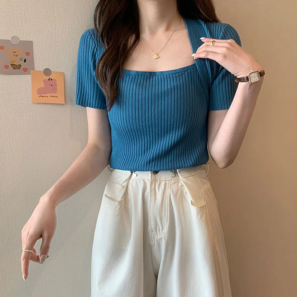 Short Sleeve Square Necked T Shirt Women Short Slim Stretch Tops Girl's Tees S-XL New Version Knit Casual Sweater Shirts Girl
Short Sleeve Square Necked T Shirt Women Short Slim Stretch Tops Girl's Tees S-XL New Version Knit Casual Sweater Shirts Girl