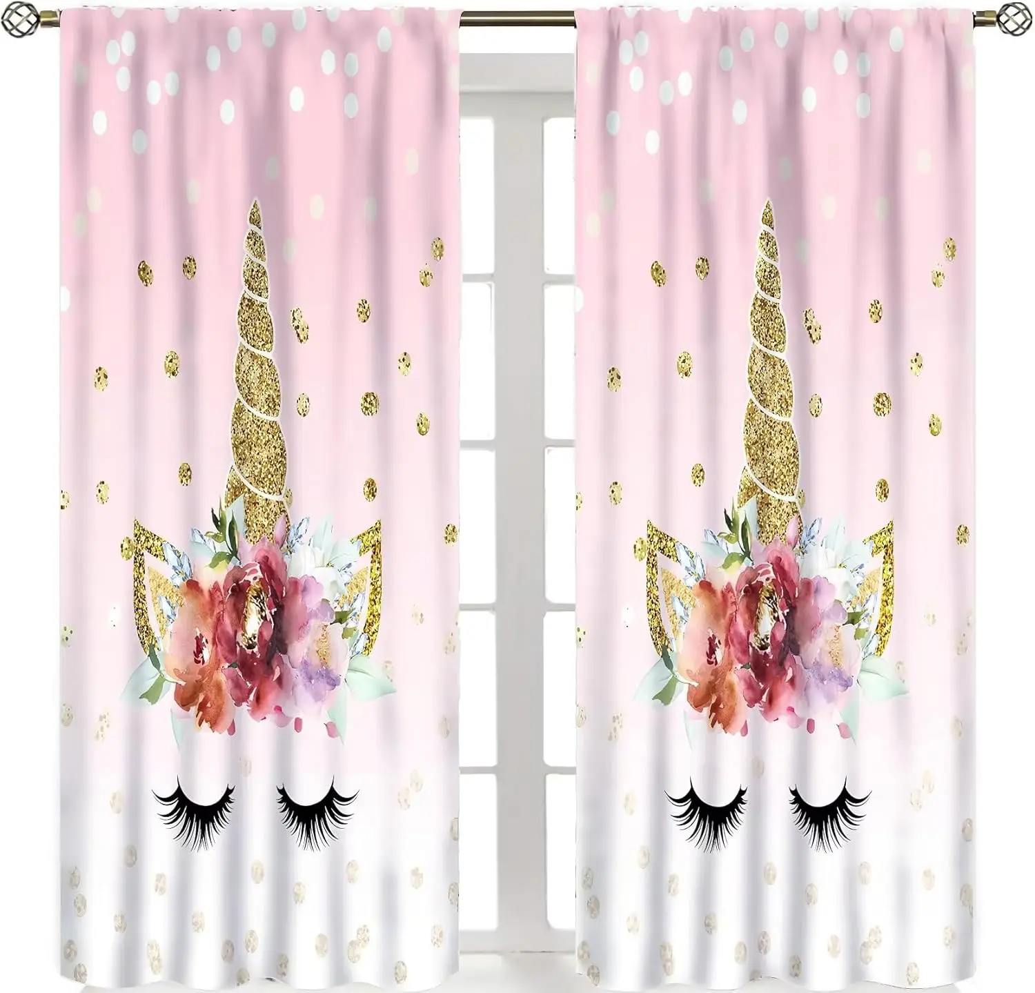 Pink Unicorn Floral Print Curtains Gold Glitter Horn Eyelash Design for Girls Bedroom Nursery Kids Room
Pink Unicorn Floral Print Curtains Gold Glitter Horn Eyelash Design for Girls Bedroom Nursery Kids Room