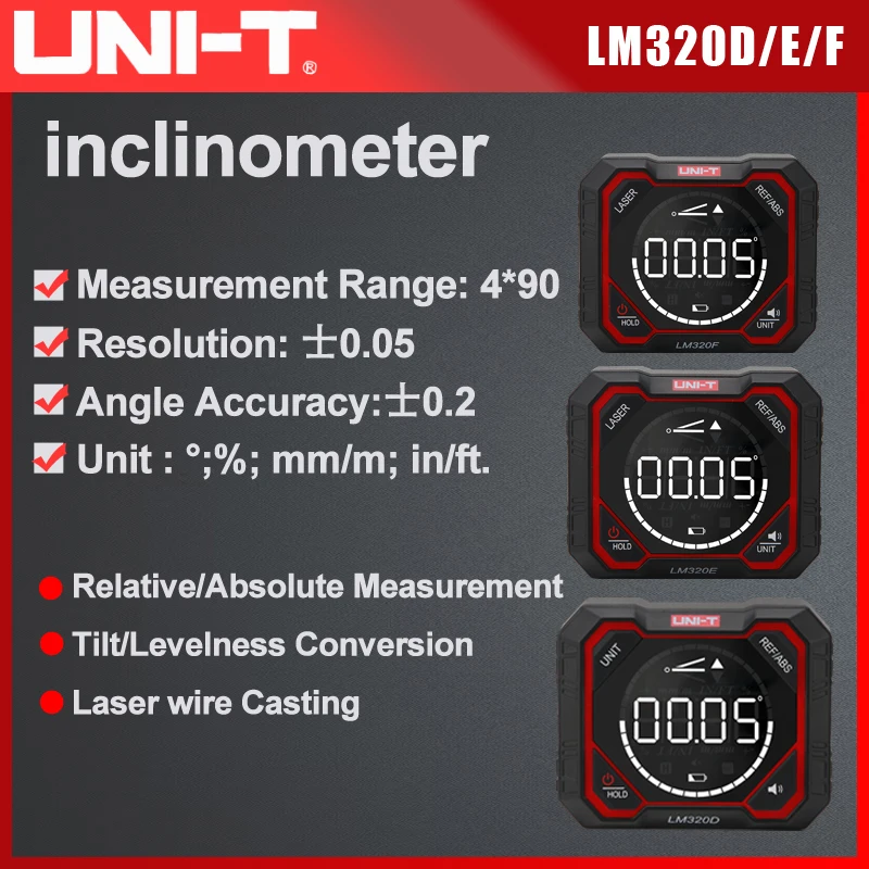 UNI-T LM320D LM320E LM320F Digital Inclinometer Angle Gauge Laser Line Tilt Levelness Meter Relative/Absolute Measurement
UNI-T LM320D LM320E LM320F Digital Inclinometer Angle Gauge Laser Line Tilt Levelness Meter Relative/Absolute Measurement