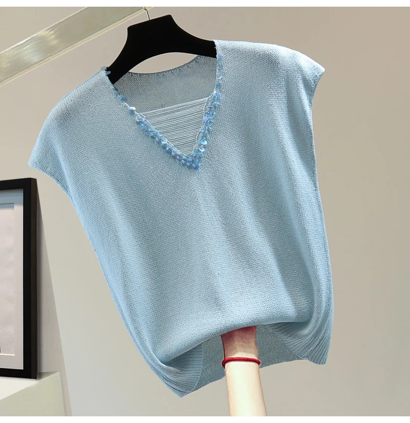 Heavy Industry Sequined V-neck Sleeveless T-shirt Ladies 2025 Summer Thin High-waisted Short Beaded Ice Silk Knitted Tshirt Top
Heavy Industry Sequined V-neck Sleeveless T-shirt Ladies 2025 Summer Thin High-waisted Short Beaded Ice Silk Knitted Tshirt Top