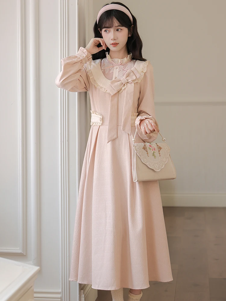 2026 Pink Patchwork Lace Ruffled Stand Collar Long Dress Women Elegant Chic Bow Kawawii Dress Spring Autumn Korean Bodycon Dress
2026 Pink Patchwork Lace Ruffled Stand Collar Long Dress Women Elegant Chic Bow Kawawii Dress Spring Autumn Korean Bodycon Dress