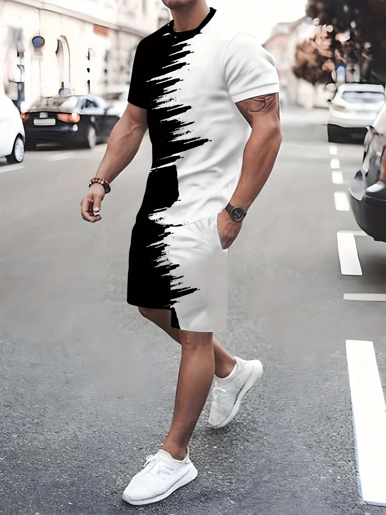 Men's black and white gradient print top and shorts, yin and yang art print crew neck short-sleeved T-shirt
Men's black and white gradient print top and shorts, yin and yang art print crew neck short-sleeved T-shirt