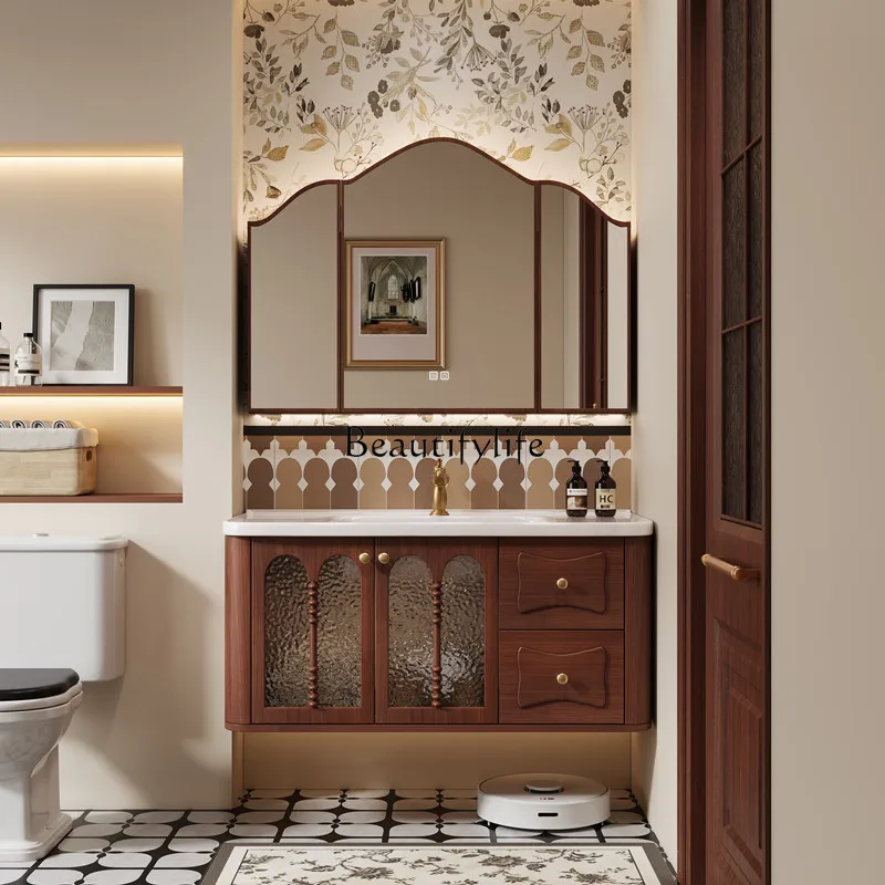 Medieval bathroom cabinet combination ceramic integrated basin French retro solid wood bathroom hand wash station
Medieval bathroom cabinet combination ceramic integrated basin French retro solid wood bathroom hand wash station