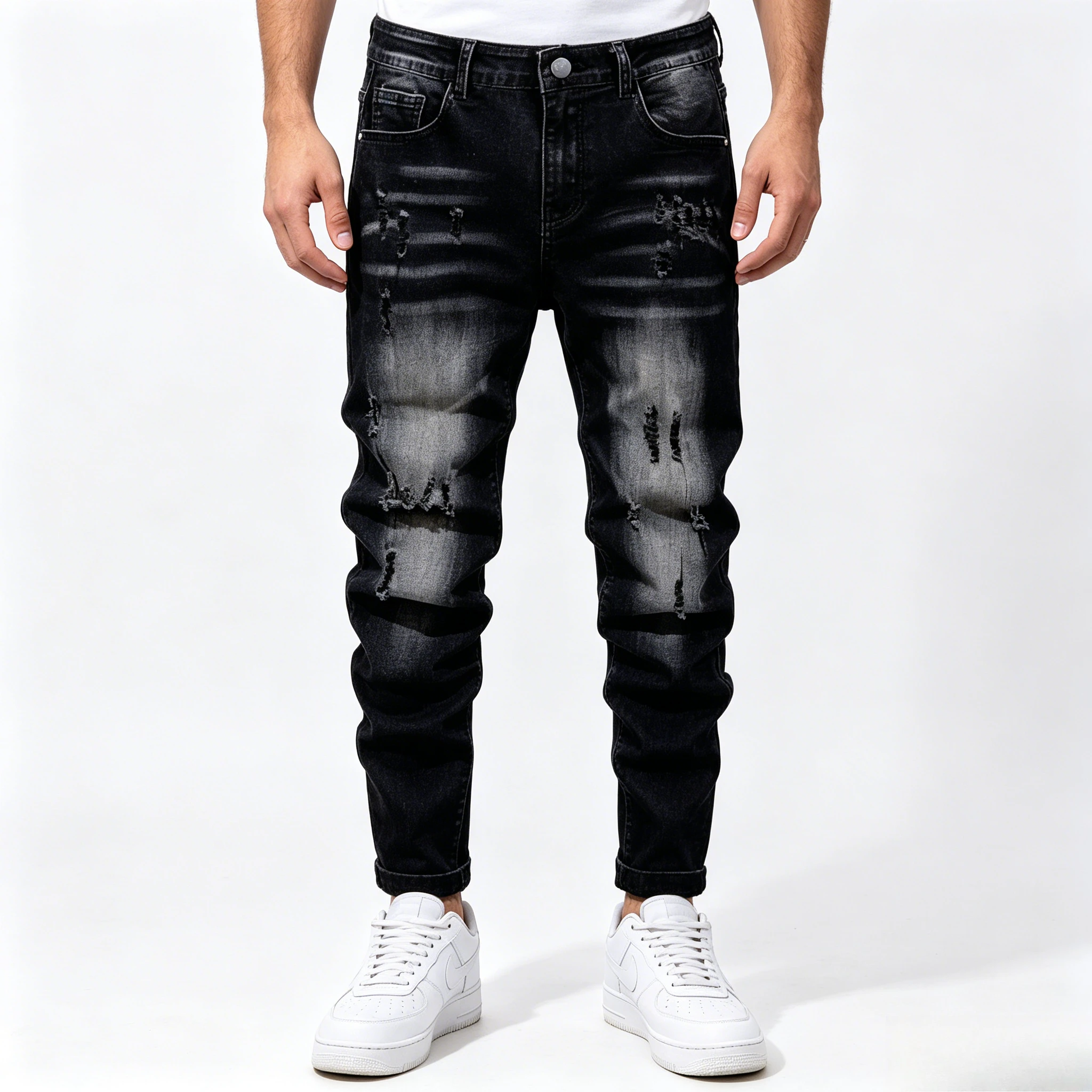 Classic Black Men's Denim Jeans with Distressed White Wash, Ripped Holes, Stretchy Fabric, Fashionable and Trendy, Versatile for All Seasons
Classic Black Men's Denim Jeans with Distressed White Wash, Ripped Holes, Stretchy Fabric, Fashionable and Trendy, Versatile for All Seasons
