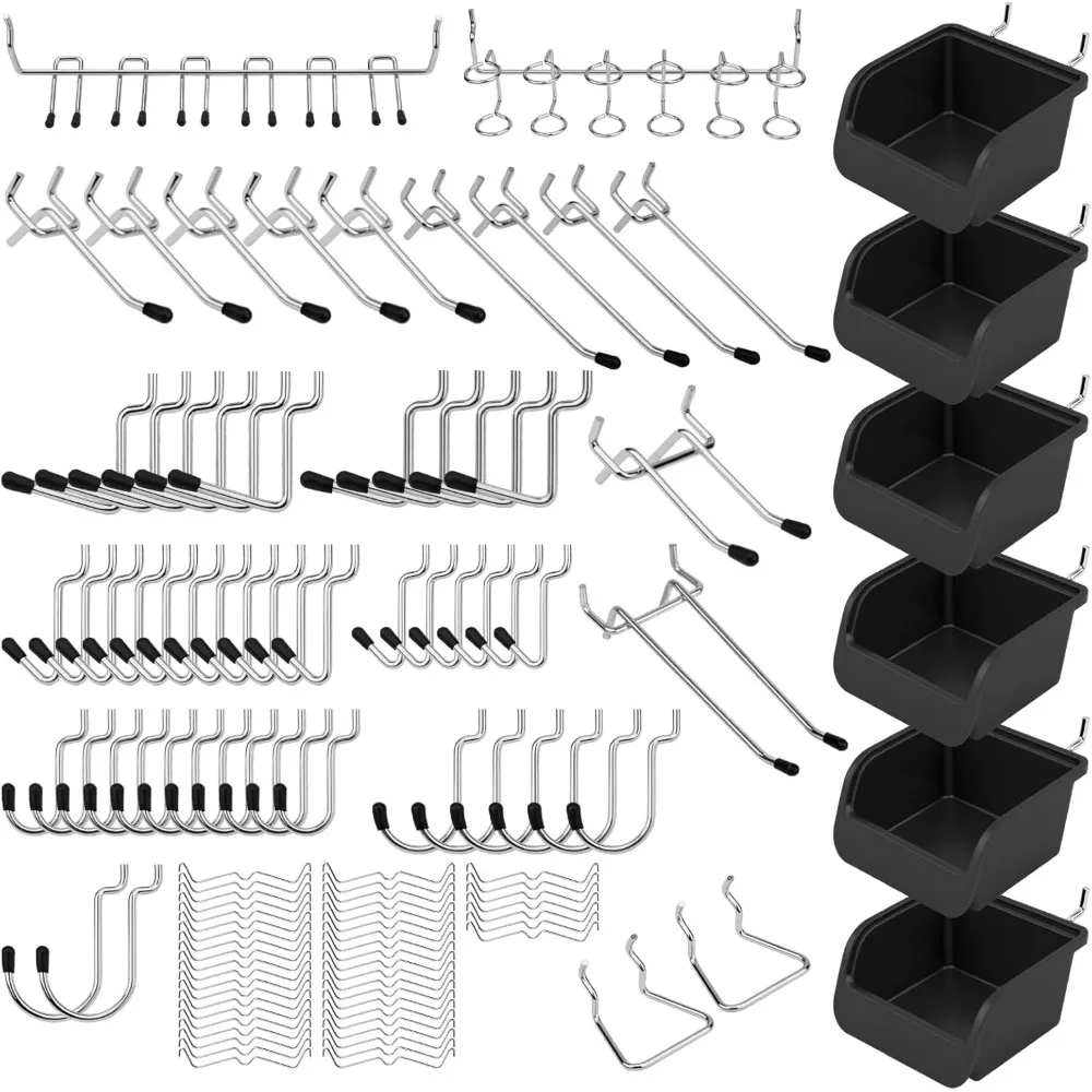 Complete 121 Piece Pegboard Storage Kit with Metal Hooks Bins and Utility Holders
Complete 121 Piece Pegboard Storage Kit with Metal Hooks Bins and Utility Holders