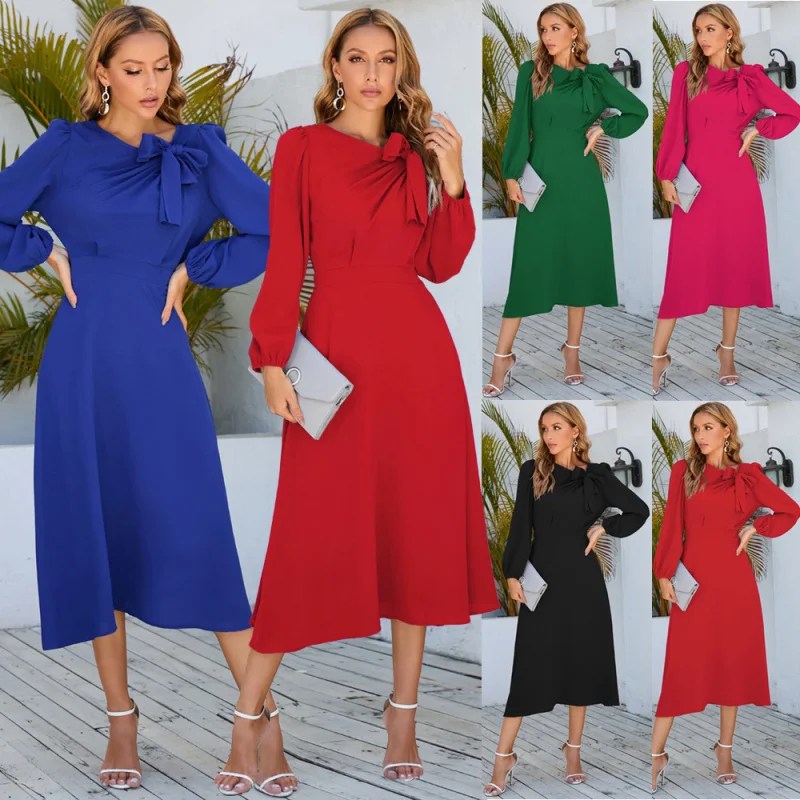 Long Sleeve Dress Autumn and Winter New round Neck BowAMid-Length Skirt
Long Sleeve Dress Autumn and Winter New round Neck BowAMid-Length Skirt