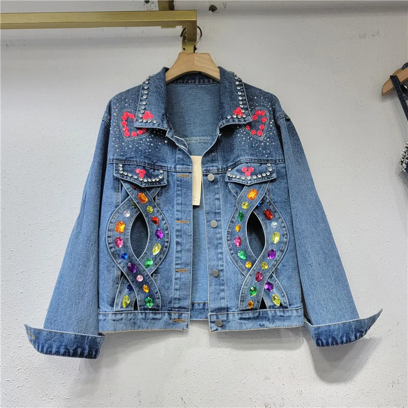 Fashion Irregular Beaded Diamond Denim Jacket Women Vintage Blue Short Coat Spring Casual Lapel Long Sleeve Jeans Jacket Female
Fashion Irregular Beaded Diamond Denim Jacket Women Vintage Blue Short Coat Spring Casual Lapel Long Sleeve Jeans Jacket Female