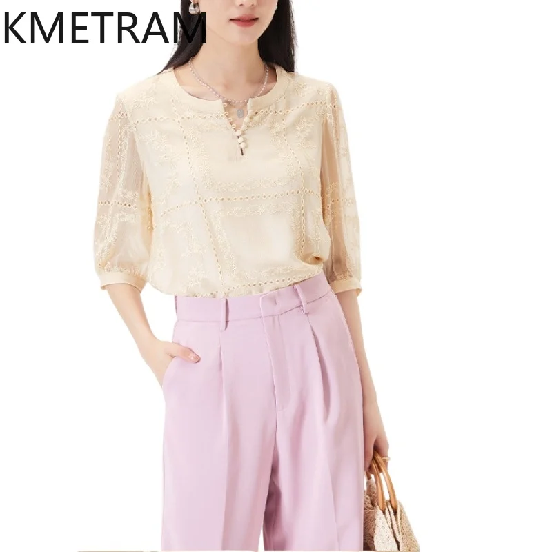 KMETRAM 100% Mulberry Silk Shirt for Woman Elegant Embroidered Beige Blouse O-Neck Casual Summer Tops Women Clothes 2026 рубашка
KMETRAM 100% Mulberry Silk Shirt for Woman Elegant Embroidered Beige Blouse O-Neck Casual Summer Tops Women Clothes 2026 рубашка