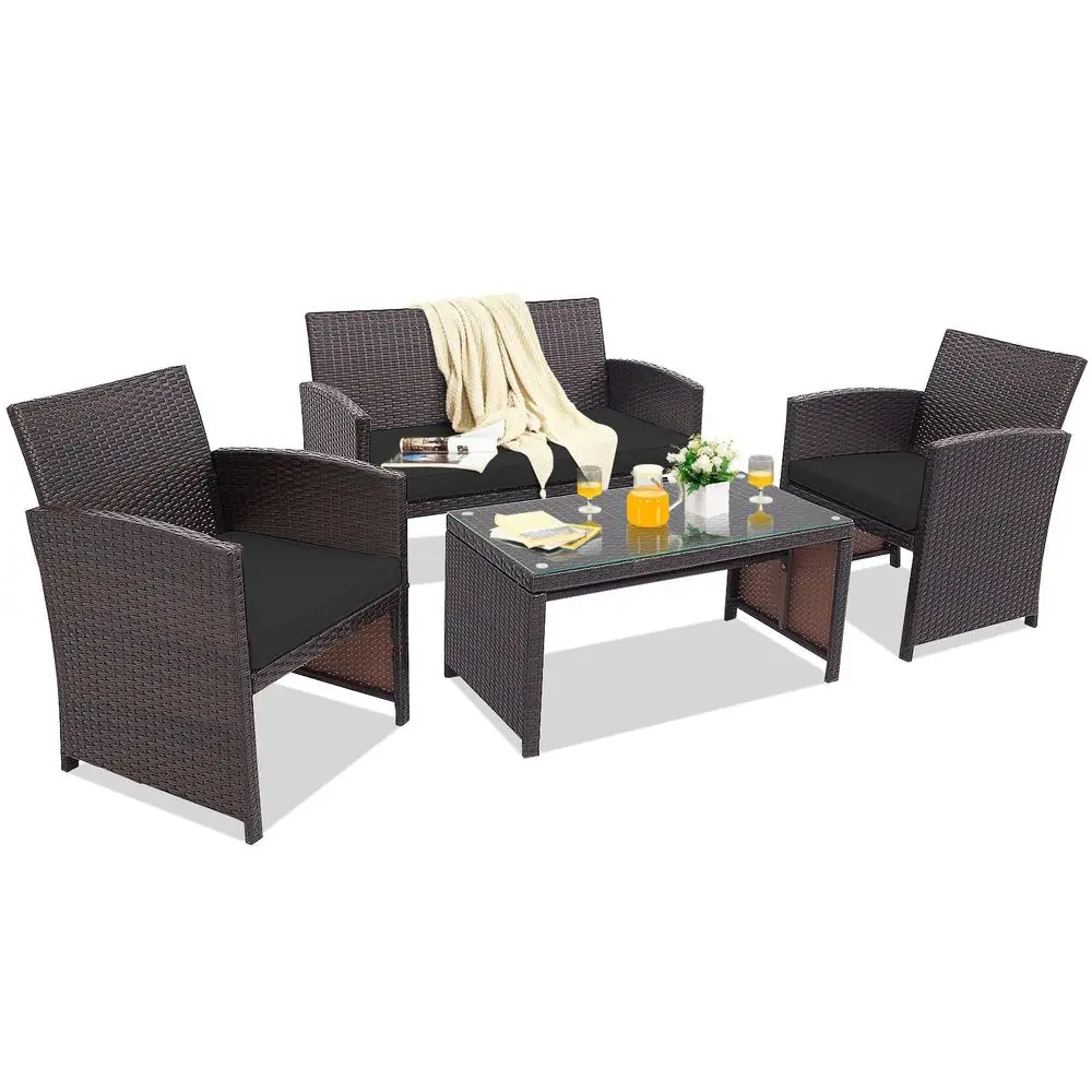 4 Pieces Rattan Conversation Set Outdoor Wicker Furniture Set with Tempered Glass Coffee Table, Soft Cushions, WeatherResistant
4 Pieces Rattan Conversation Set Outdoor Wicker Furniture Set with Tempered Glass Coffee Table, Soft Cushions, WeatherResistant