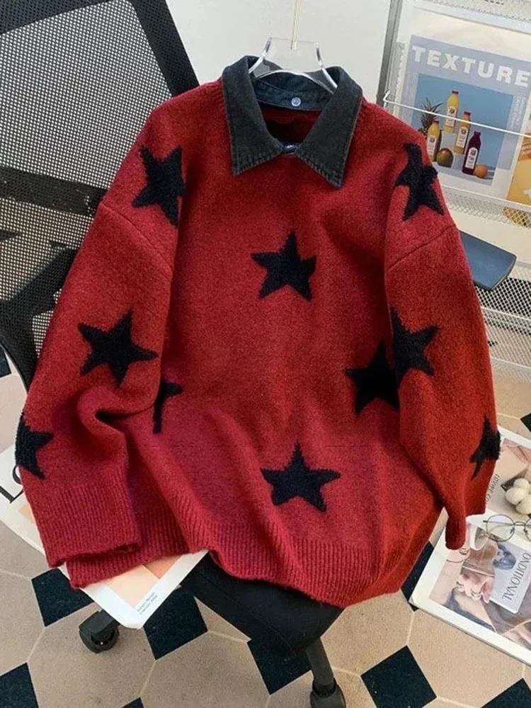 Zoki Star Print Y2K Sweaters Women American Red Patchwork Knitted Jumpers Tops Loose Female Design Turn Down Collar Pullovers
Zoki Star Print Y2K Sweaters Women American Red Patchwork Knitted Jumpers Tops Loose Female Design Turn Down Collar Pullovers