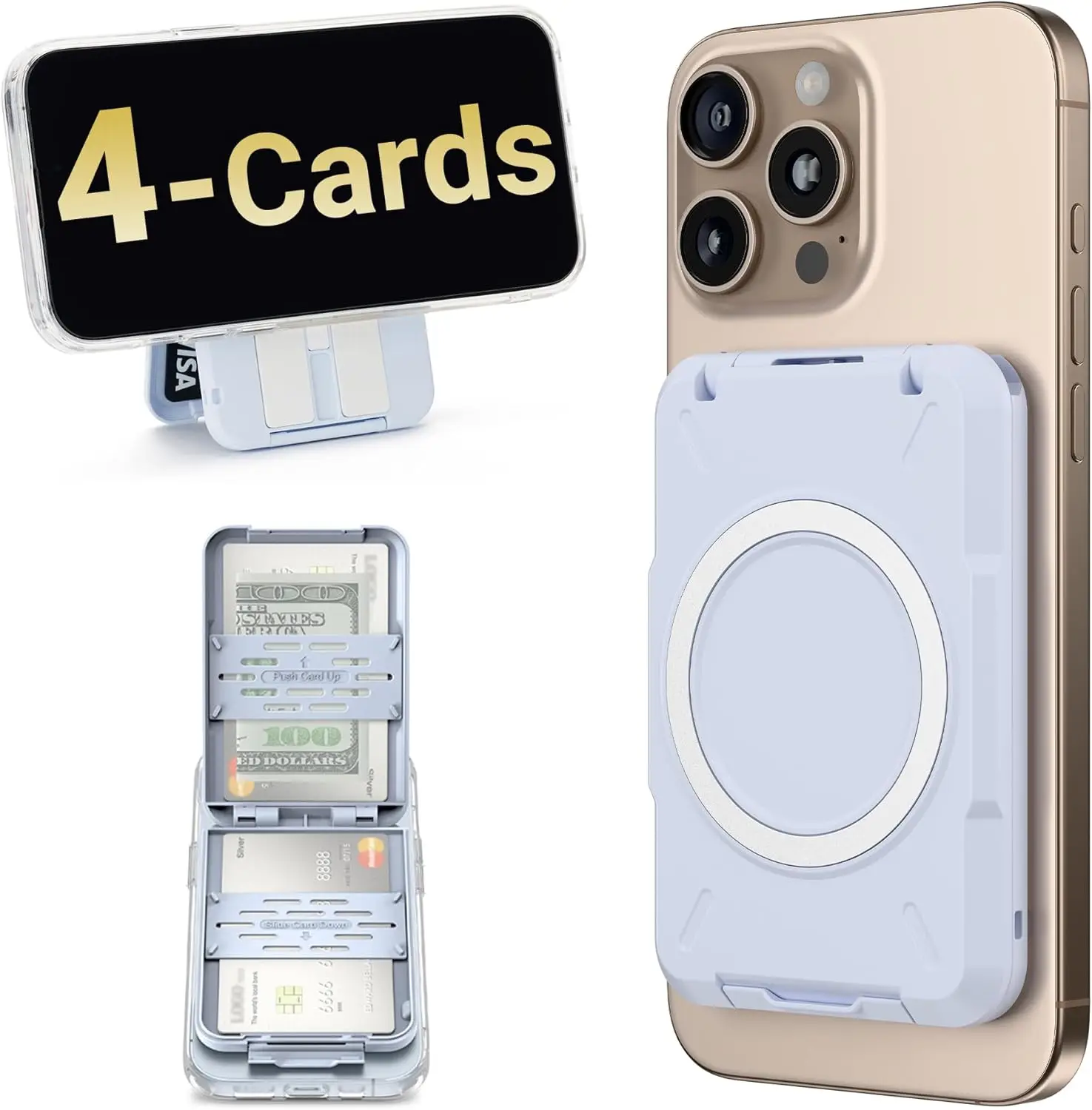 Magnetic Phone Wallet with RFID Blocking, Holds 4 Cards & Cash, Compatible with iPhone Models and MagSafe Accessories
Magnetic Phone Wallet with RFID Blocking, Holds 4 Cards & Cash, Compatible with iPhone Models and MagSafe Accessories