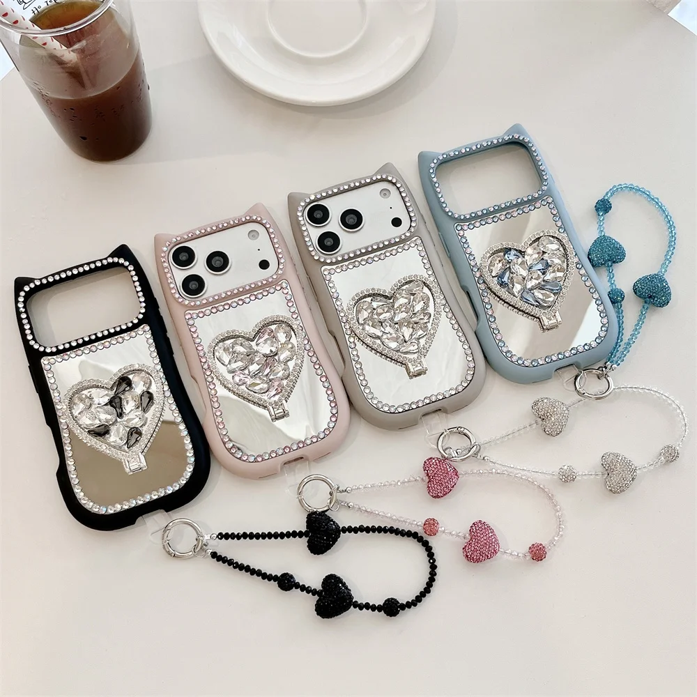 Luxury Diamond Love Stand Mirror Phone Case for iPhone 16 Pro 15 Plus 14 13 16 17 Pro Max Cover with Chain Cute Shockproof Funda
Luxury Diamond Love Stand Mirror Phone Case for iPhone 16 Pro 15 Plus 14 13 16 17 Pro Max Cover with Chain Cute Shockproof Funda