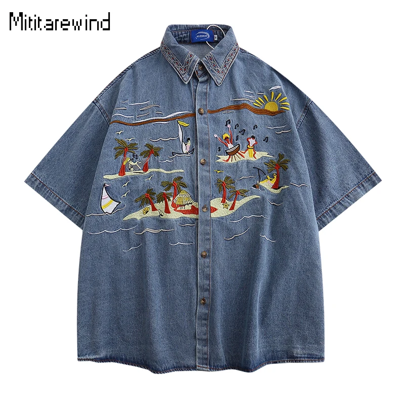 Summer Vintage Short Sleeve Denim Tops Men and Women Pure Cotton Seaside Embroidery Fun Cartoon Shirts Loose Couple Shirt Unisex
Summer Vintage Short Sleeve Denim Tops Men and Women Pure Cotton Seaside Embroidery Fun Cartoon Shirts Loose Couple Shirt Unisex