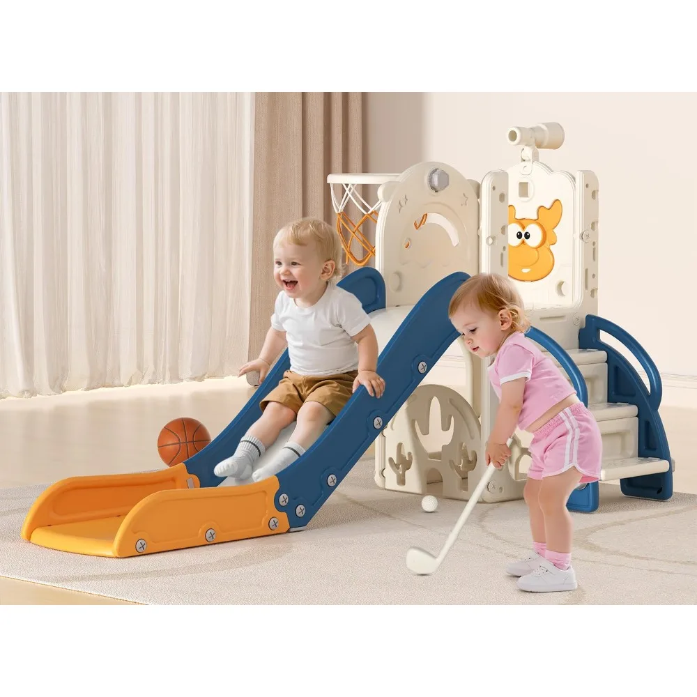 6 in 1 Indoor Outdoor Toddler Slide Climber Playset with Basketball Hoop Golf Game Telescope L Shaped Blue Yellow
6 in 1 Indoor Outdoor Toddler Slide Climber Playset with Basketball Hoop Golf Game Telescope L Shaped Blue Yellow