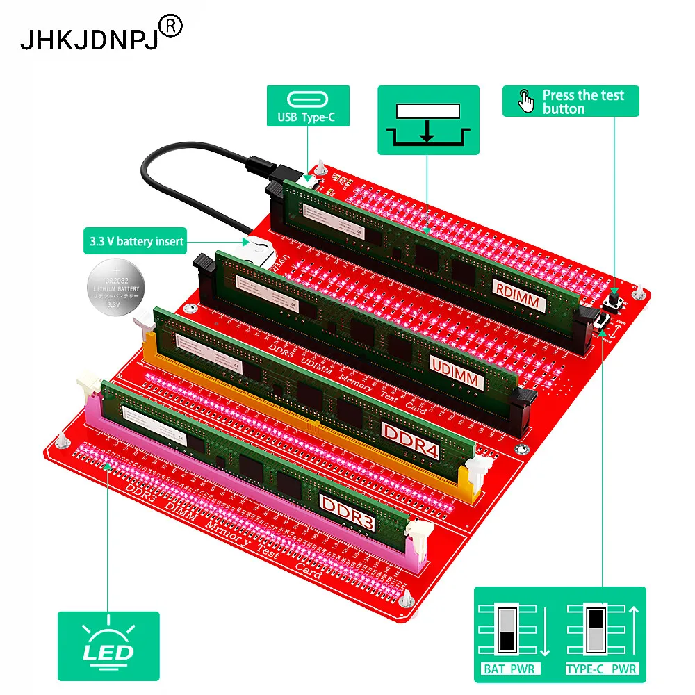 3 in 1 Combo DDR3/4/5 RDIMM/UDIMM Memory Tester, Desktop Computer DDR3/4/5 Memory Test Card with LED Indicators
3 in 1 Combo DDR3/4/5 RDIMM/UDIMM Memory Tester, Desktop Computer DDR3/4/5 Memory Test Card with LED Indicators