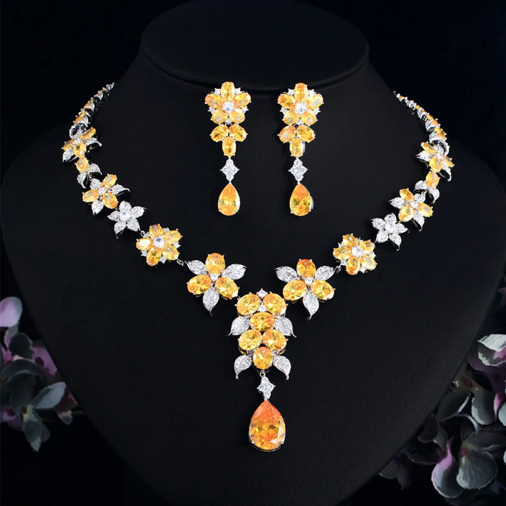CWWZircons Gorgeous Yellow Cubic Zirconia Flower Long Dangle Earrings Necklace for Women Wedding Engagement Jewelry Sets T0940
CWWZircons Gorgeous Yellow Cubic Zirconia Flower Long Dangle Earrings Necklace for Women Wedding Engagement Jewelry Sets T0940