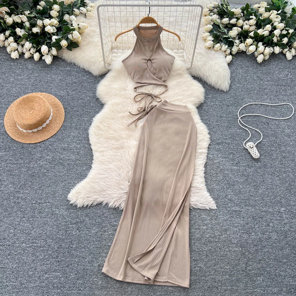 Women Two Piece Sets Skirt Set Sleeveless Lace Up Strapless Short Tops Long Skirts A Line High Waist Sexy Y2k Streetwear Elegant 
Women Two Piece Sets Skirt Set Sleeveless Lace Up Strapless Short Tops Long Skirts A Line High Waist Sexy Y2k Streetwear Elegant