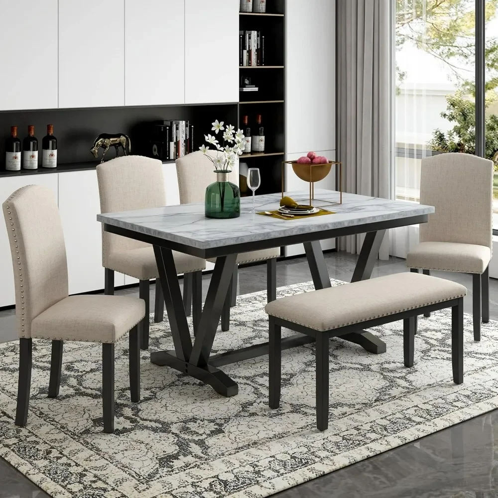 6 Piece Dining Table Set, Modern Style 6-Person Dining Table with 4 Upholstered Chairs & a Bench, Wood Table Set for 6 Persons
6 Piece Dining Table Set, Modern Style 6-Person Dining Table with 4 Upholstered Chairs & a Bench, Wood Table Set for 6 Persons