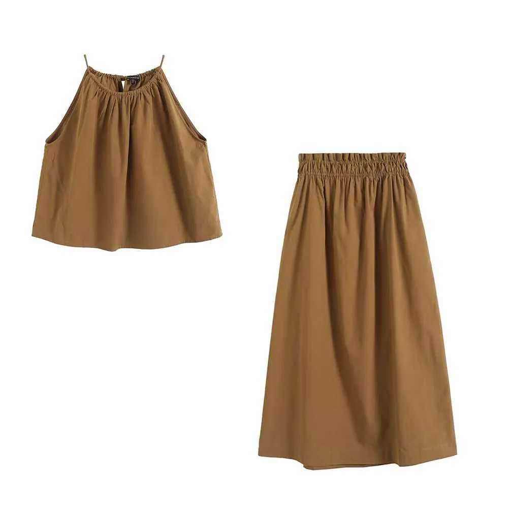 Suit Women's 2 Pieces 2024 New Fashion Retro Neck Strap Design Sleeveless Blouse+casual Elastic Waist Skirt Women's Suit
Suit Women's 2 Pieces 2024 New Fashion Retro Neck Strap Design Sleeveless Blouse+casual Elastic Waist Skirt Women's Suit