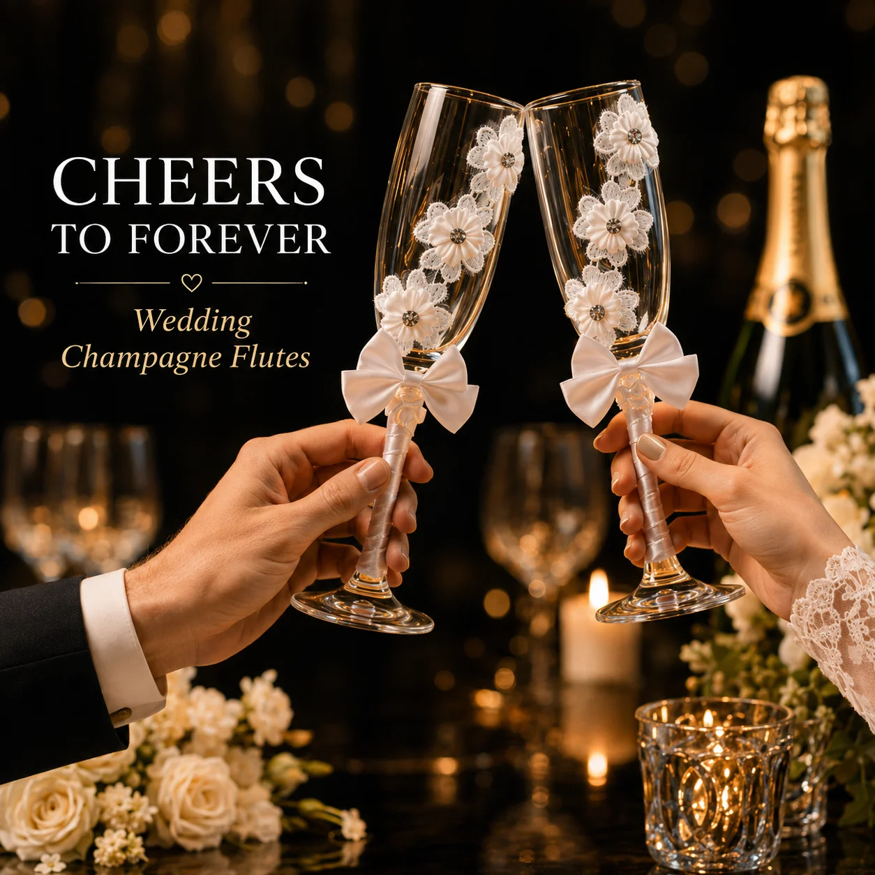 Set of 2 Wedding Champagne Flutes with Lace Floral, Rhinestone & Satin Bow Decor for Bride and Groom Wedding Toast
Set of 2 Wedding Champagne Flutes with Lace Floral, Rhinestone & Satin Bow Decor for Bride and Groom Wedding Toast