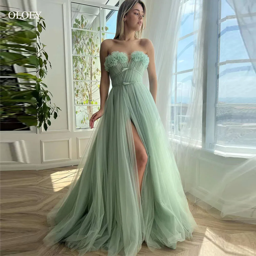 OLOEY Exquisite Green Tulle Flower Ruched Sashes High Slit A Line Evening Gown Dress Sleeveless Sweep Train Formal Prom Gowns
OLOEY Exquisite Green Tulle Flower Ruched Sashes High Slit A Line Evening Gown Dress Sleeveless Sweep Train Formal Prom Gowns