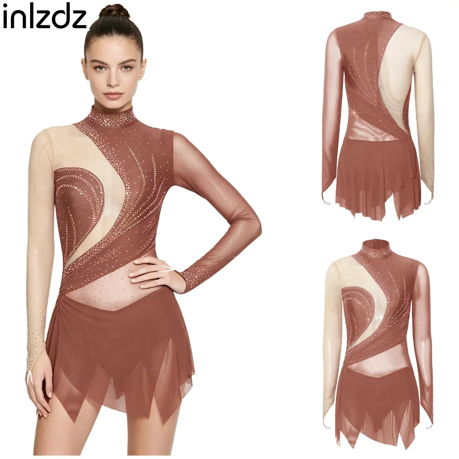 Rhinestone Color Block Figure Skating Dress for Women Sheer Mesh Long Sleeve Irregular Hem Bodysuit for Gymnastics Latin Dresses
Rhinestone Color Block Figure Skating Dress for Women Sheer Mesh Long Sleeve Irregular Hem Bodysuit for Gymnastics Latin Dresses