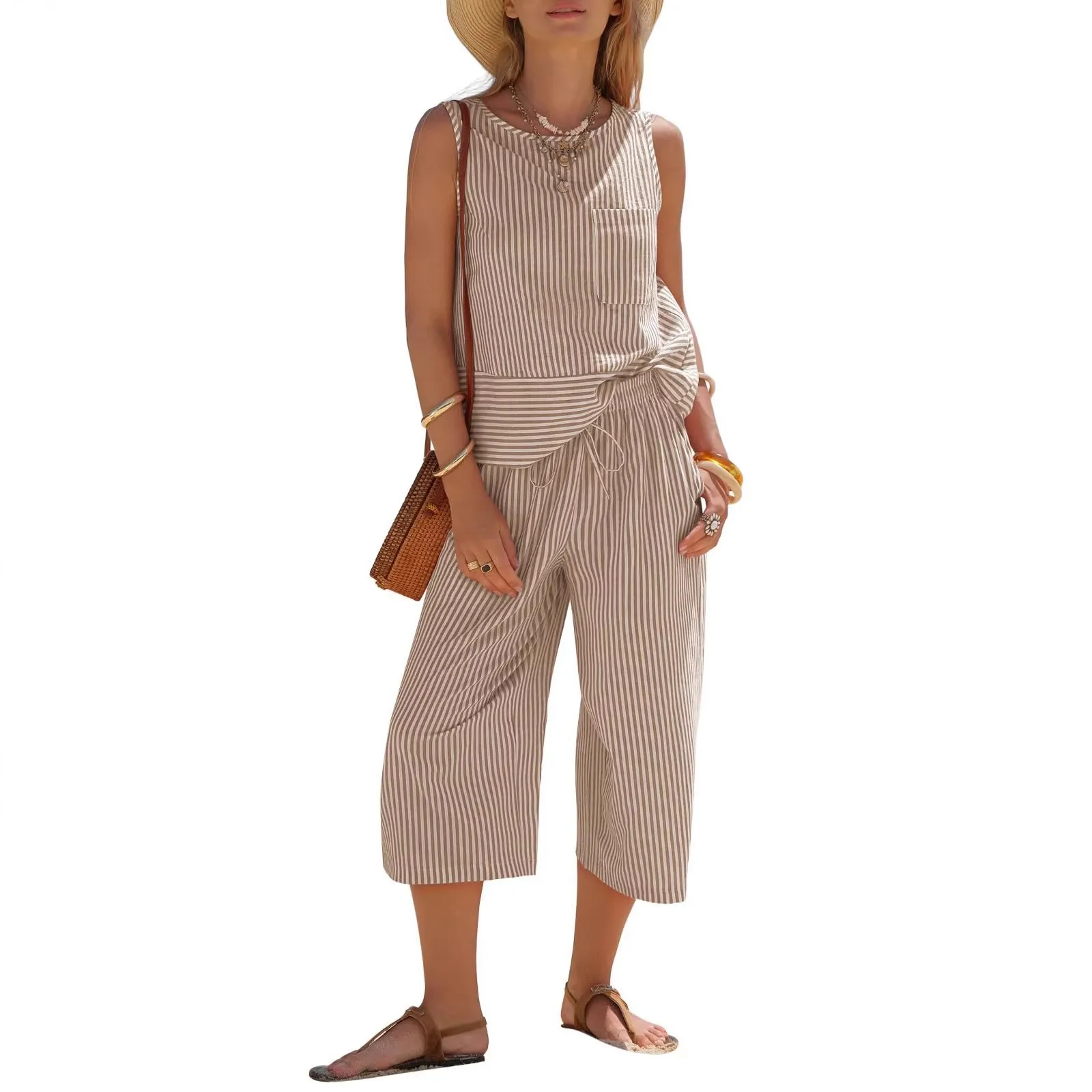 Red White Striped Casual Two Piece Set Sleeveless round Neck Tank Top with Culotte Crop Pants Knee Length Capri Bottoms
Red White Striped Casual Two Piece Set Sleeveless round Neck Tank Top with Culotte Crop Pants Knee Length Capri Bottoms