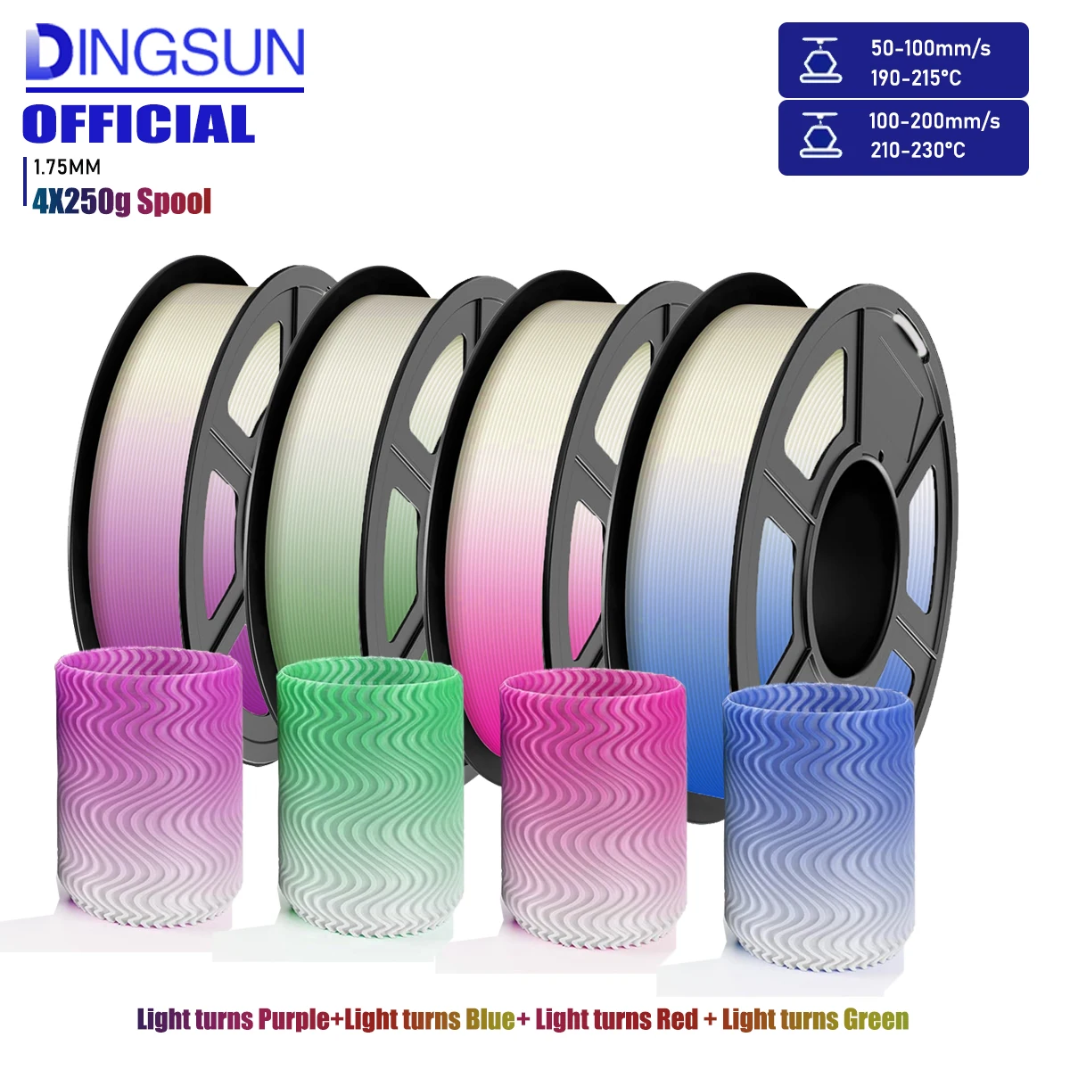 1.75mm Color Changing PLA+ 3D Printer Filament, UV/Sunlight Activated, ±0.03mm Dimensional Accuracy, 250g Spool
1.75mm Color Changing PLA+ 3D Printer Filament, UV/Sunlight Activated, ±0.03mm Dimensional Accuracy, 250g Spool